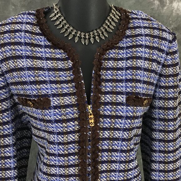BEAUTIFUL St John collection knit blue brown multi jacket skirt suit size 8 - Picture 5 of 10